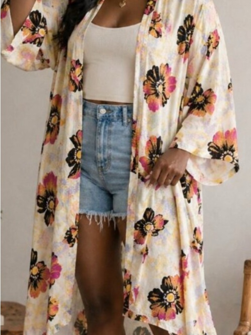 Free People Floral Lightweight Kimono in Cream, Pink & Black